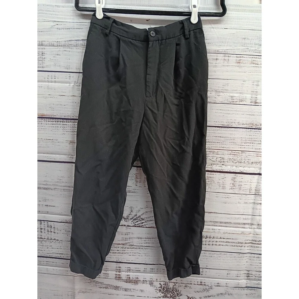 Zara Crop Pants Women's Small High Rise Belt Loops Length in Black Linen Blend